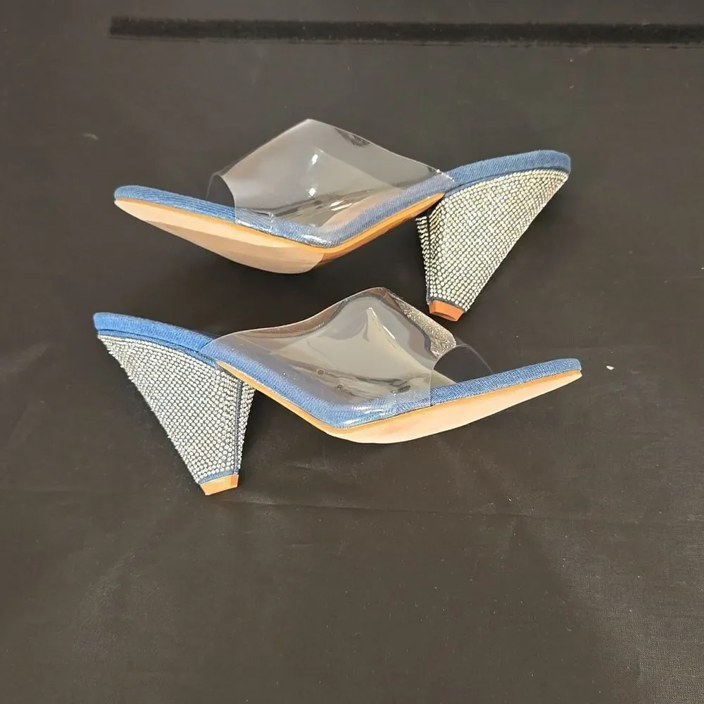 BRAND NEW PAZZLE RHINESTONE HEEL EMBROIDERED CLEAR  OPEN-TOE STRAP SANDAL